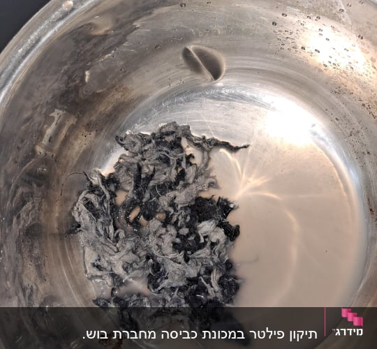 סיר מתכת עם שאריות חומר שרוף ונוזל אפור